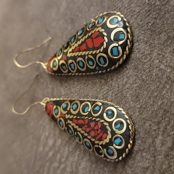 Tibetan Brass Turquoise Coral Mosaic Teardrop Dangle Hook Earrings - Picture 4 of 4